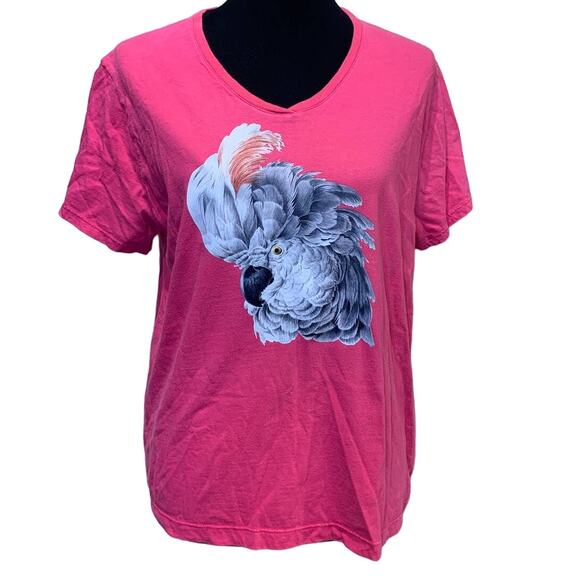 Upcycled Hand Printed Womens Large White Cockatoo Parrot Ukraine Fundraiser Tee - Picture 1 of 4